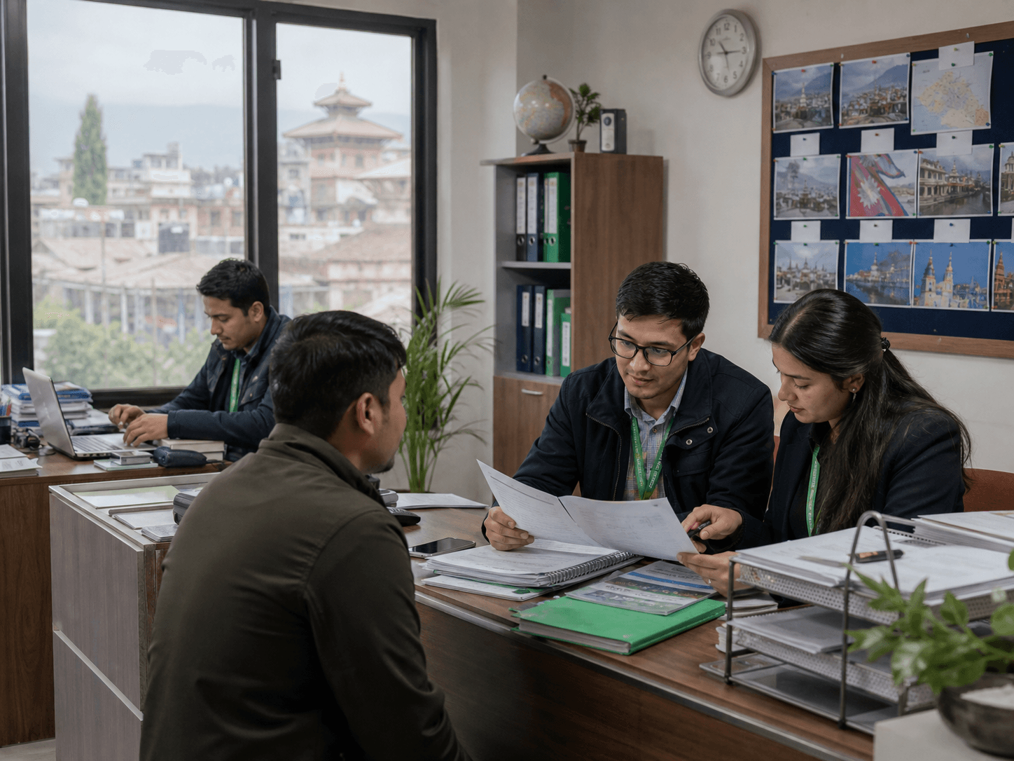 Recruitment staff reviewing candidate documents in a Kathmandu office